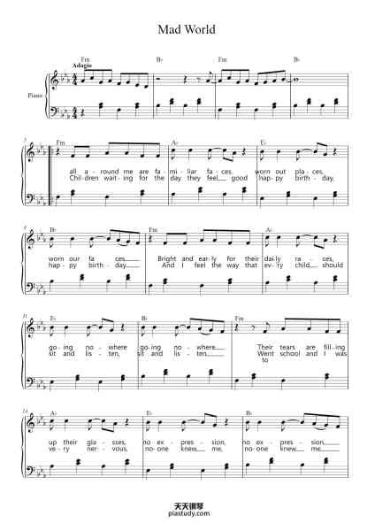 “Mad World”钢琴谱-Michael Andrew-免费下载-天天钢琴