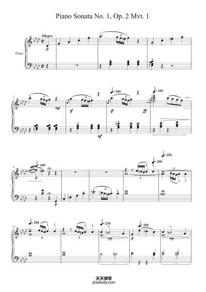 “Piano Sonata No. 1 in F Minor, Op. 2, No. 1: I. Allegro”钢琴谱-Ludwig van Beethoven-免费下载-天天钢琴