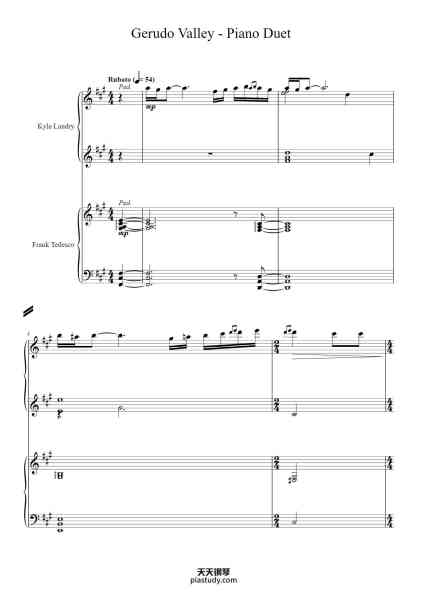 “Gerudo Valley - Piano Duet”钢琴谱-Composed by Koji Kondo Arranged by Kyle Landry and Frank Tedesco Transcribed by Robert Jenquin Re-write by Mat?o Olmi Di Martino-免费下载-天天钢琴