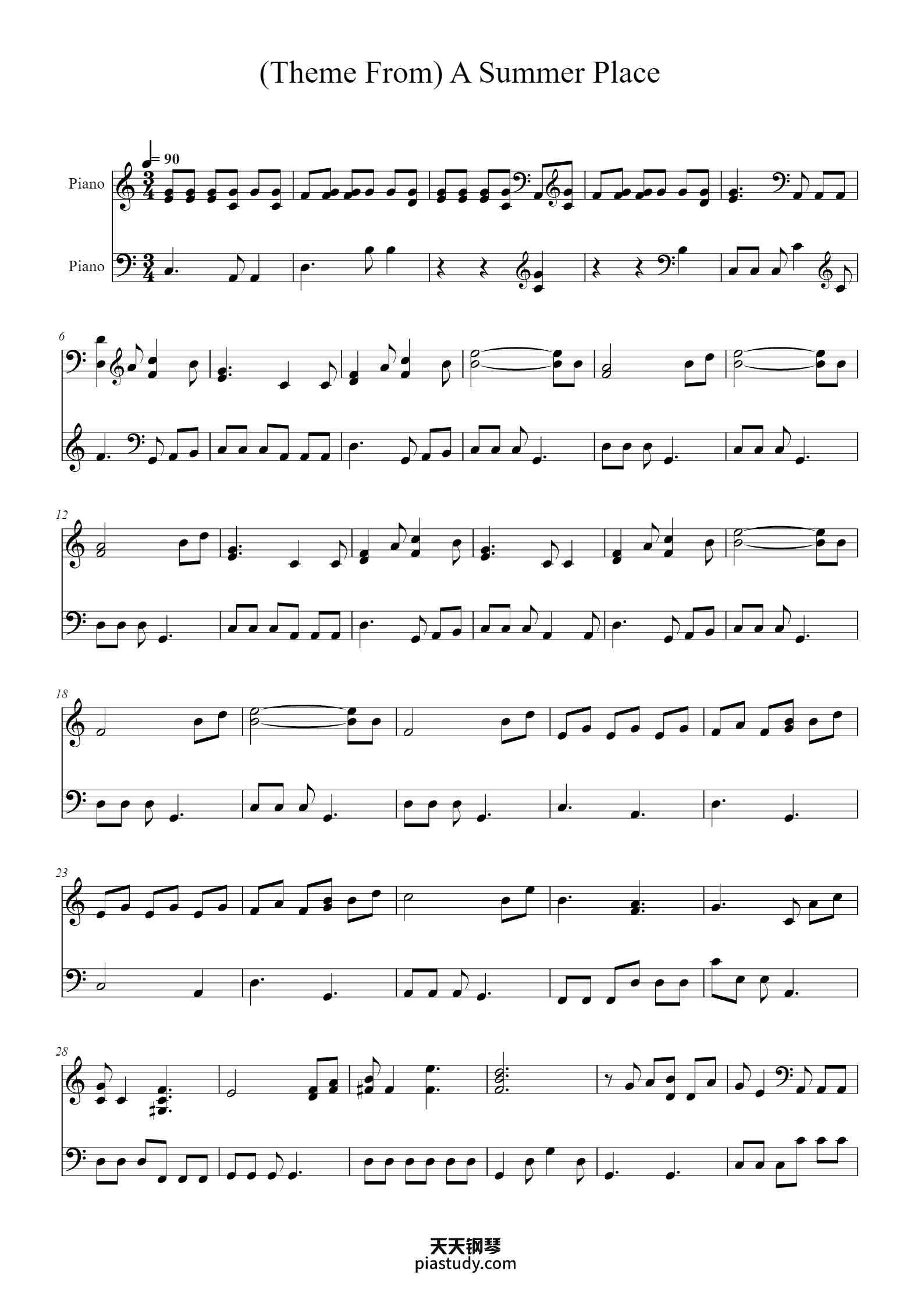 '(Theme From) A Summer Place' - Piano Sheet Music By xxx | TOPiano