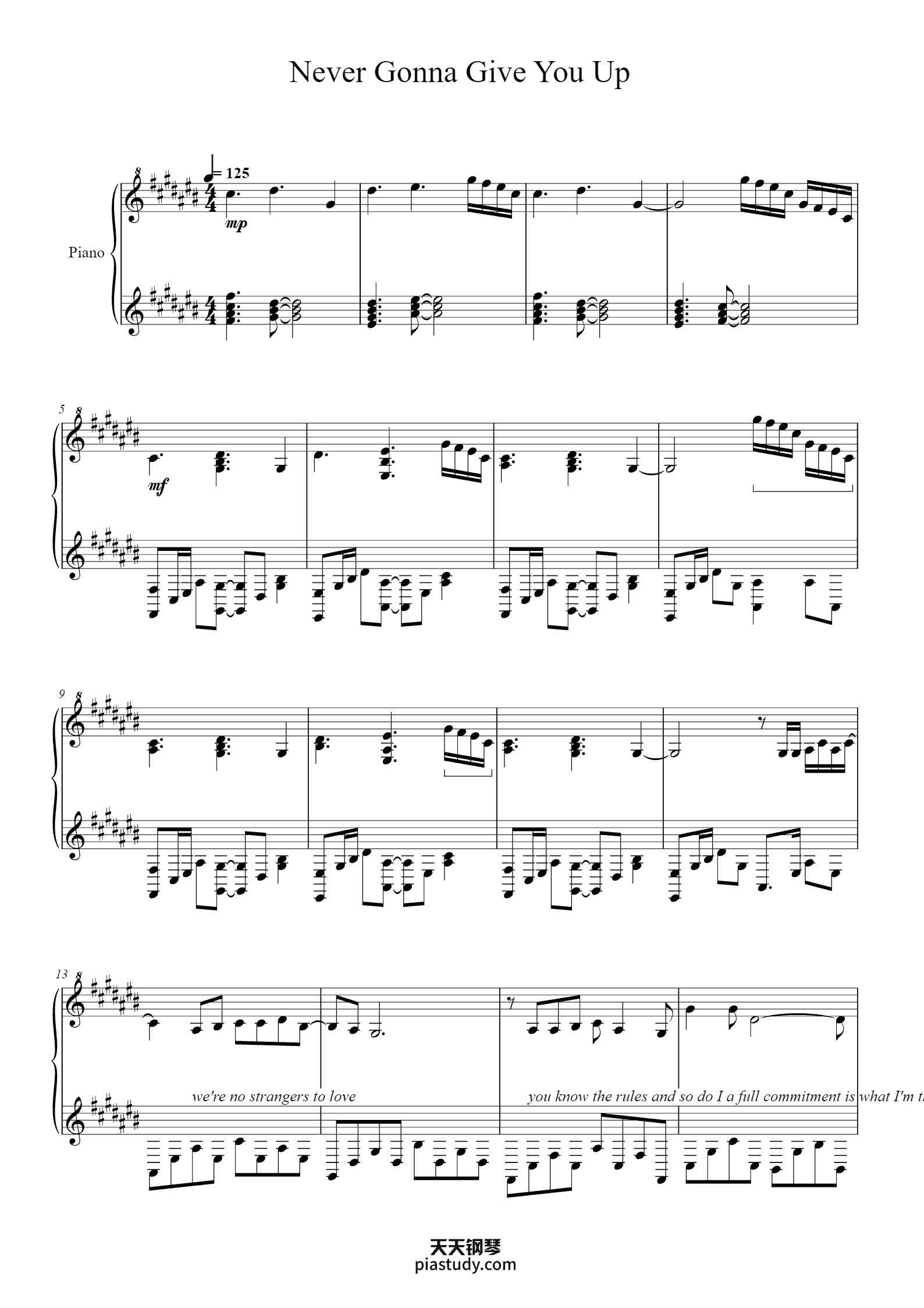 Never Gonna Give You Up钢琴谱 - Rick Astley - free piano sheet music ...