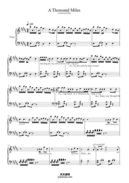 “A Thousand Miles”钢琴谱-Words & Music by:-免费下载-天天钢琴