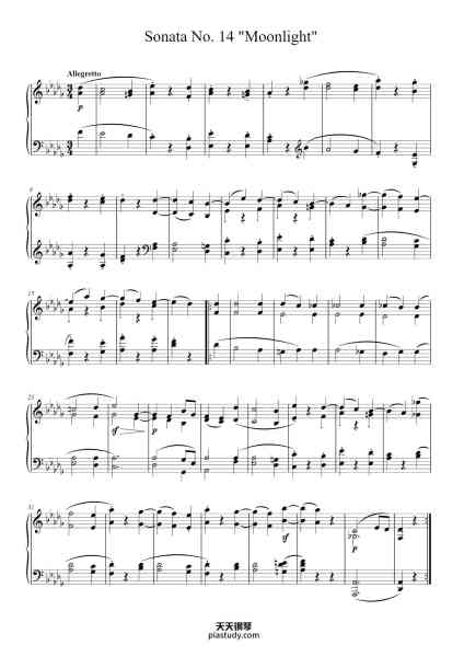 “Sonata No. 14 in C# Minor, Op. 27 No. 2 "Moonlight": II. Allegretto”钢琴谱-L. VAN BEETHOVEN-免费下载-天天钢琴