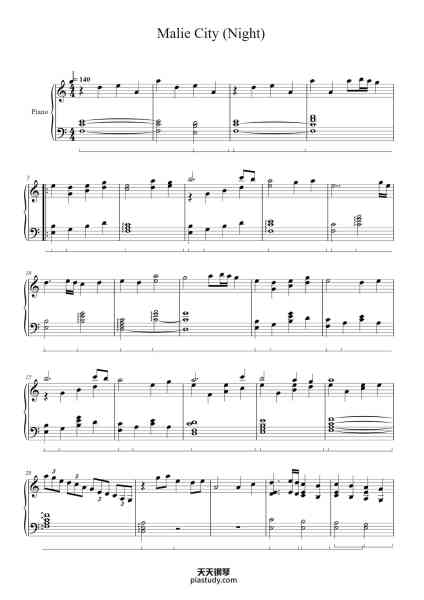 “Pokemon Sun & Moon - Malie City (Night)”钢琴谱-Composed by Junichi Masuda, Go Ichinose, Minako Adachi, Hitomi Sato, Tomoaki Oga, Hideaki Kuroda Arranged by hinaflower-免费下载-天天钢琴