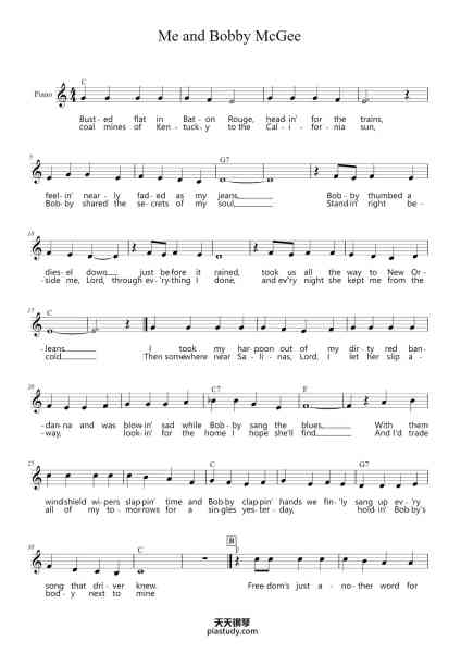 “Me and Bobby McGee”钢琴谱-Fred Foster, Kris Kristofferson-免费下载-天天钢琴