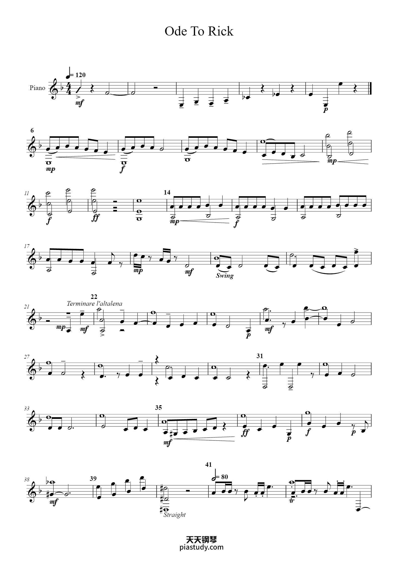 Ode To Rick钢琴谱 - Pitbert Godrell - free piano sheet music - PiaNoproblem