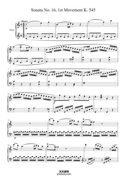 “Sonata No. 16 in C Major, K. 545: I. Allegro”钢琴谱-Wolfgang Amadeus Mozart
(1756 - 1791)-免费下载-天天钢琴