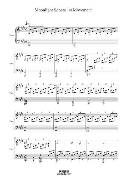 “Piano Sonata No. 14 in C-Sharp Minor, Op. 27 No. 2 "Moonlight": I. Adagio sostenuto”钢琴谱-Beethoven-免费下载-天天钢琴