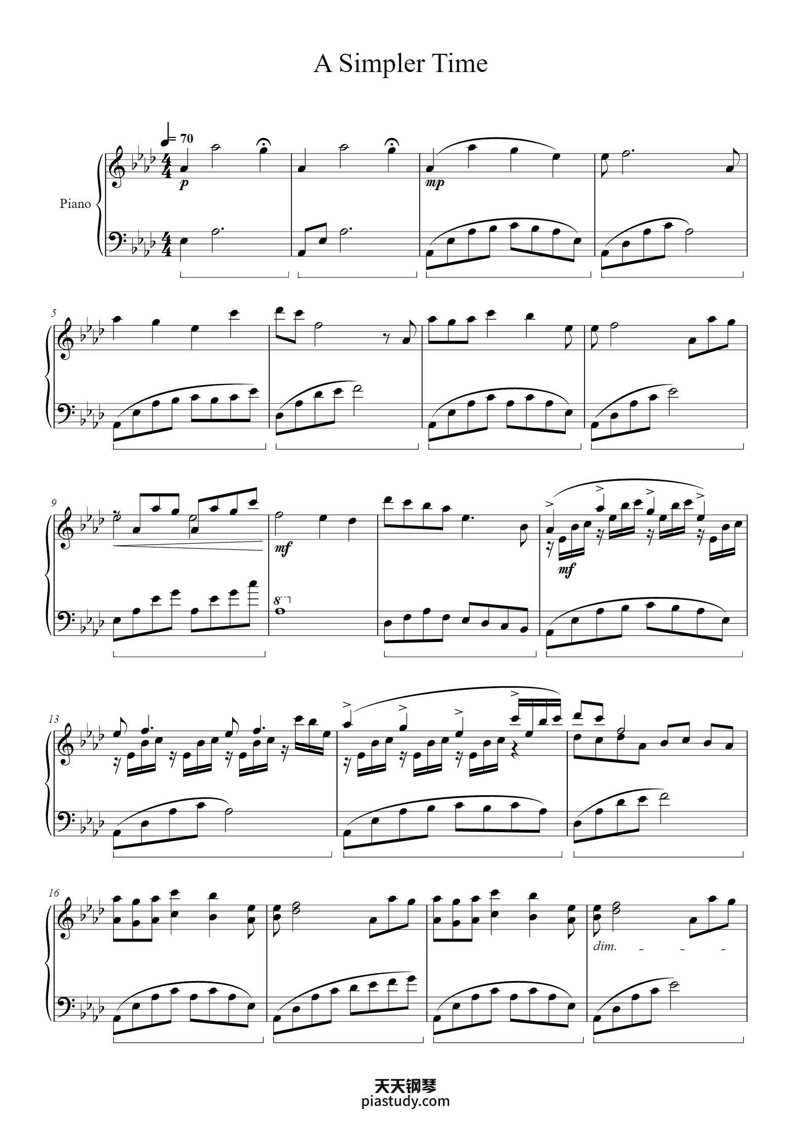 A Simpler Time钢琴谱 - Ethan - free piano sheet music - PiaNoproblem
