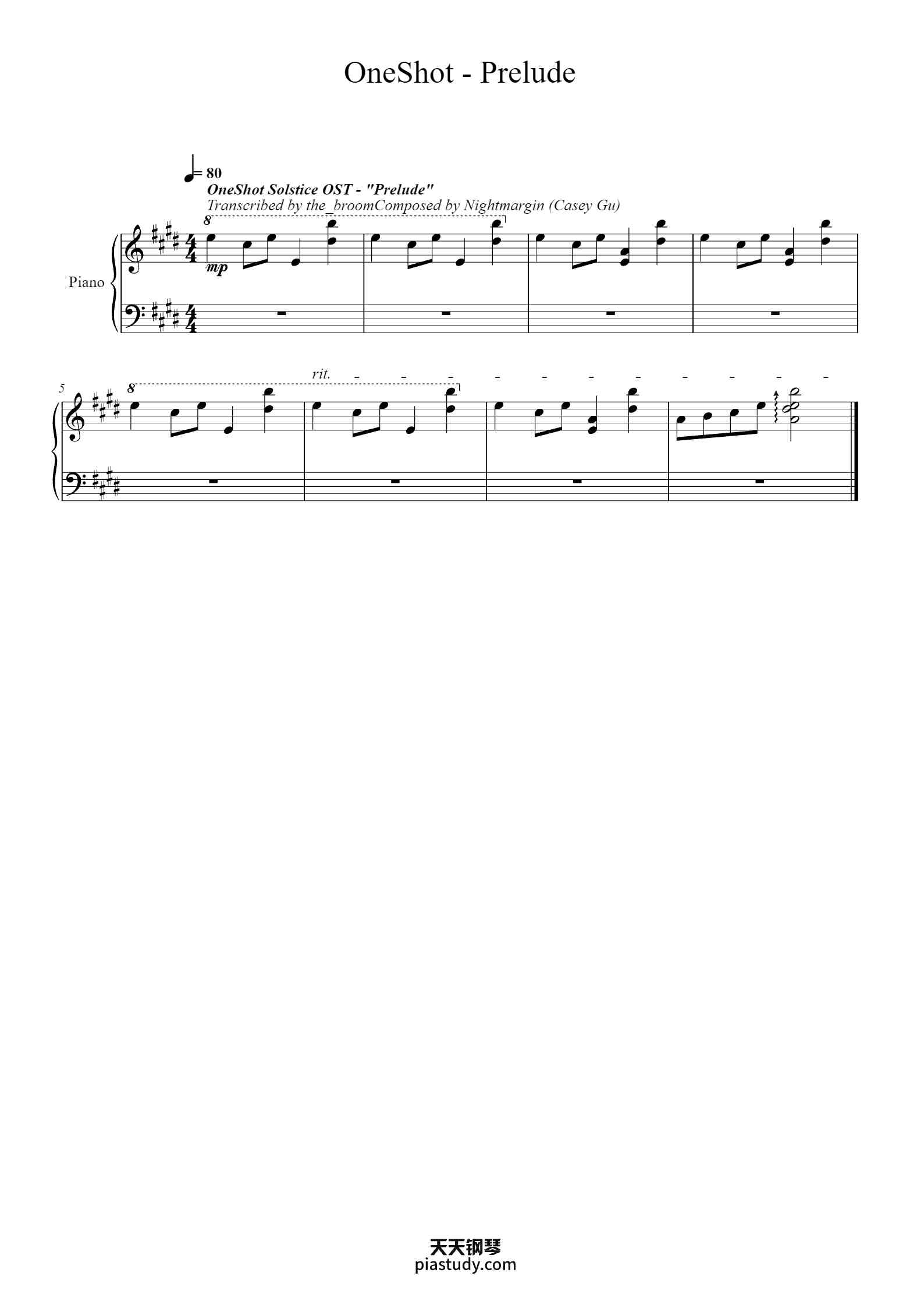 OneShot - Prelude钢琴谱 - Casey Gu - free piano sheet music - PiaNoproblem