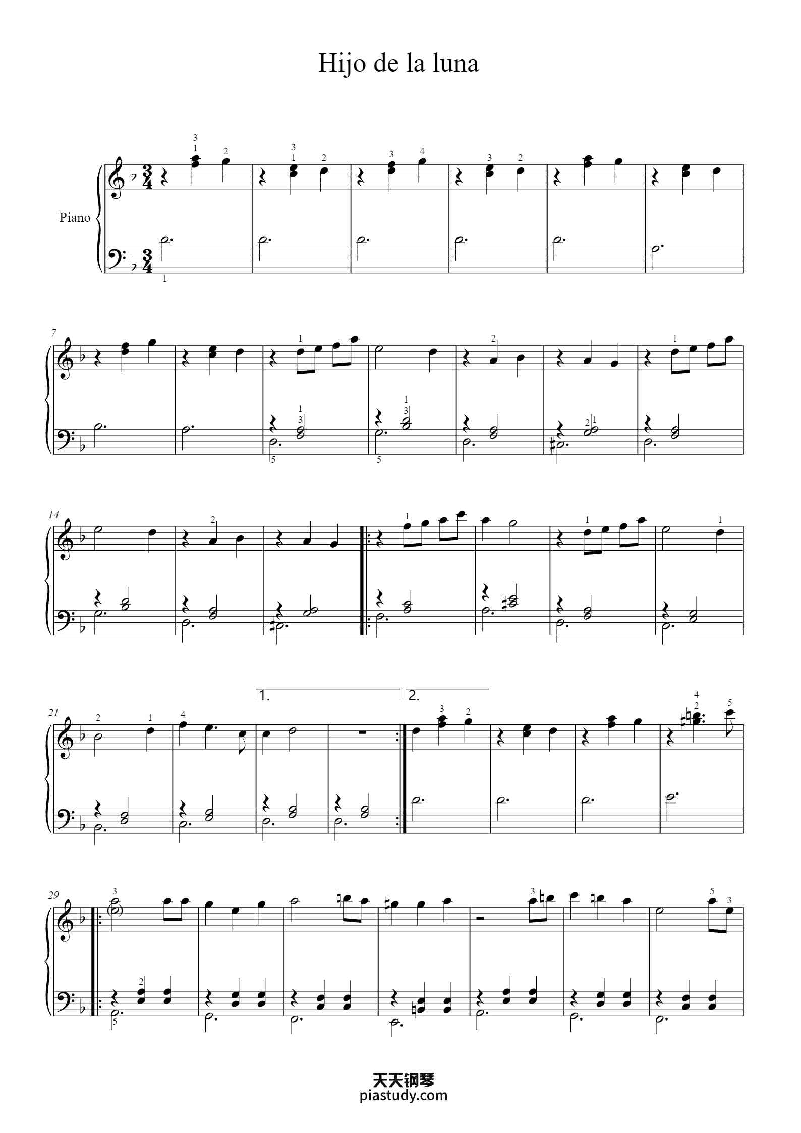 Hijo de la luna钢琴谱 - Mecano - free piano sheet music - PiaNoproblem