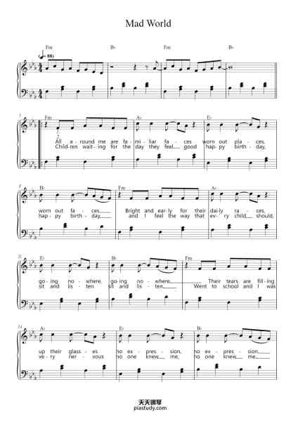 “Mad World”钢琴谱-Words & Music by Roland Orzabal-免费下载-天天钢琴