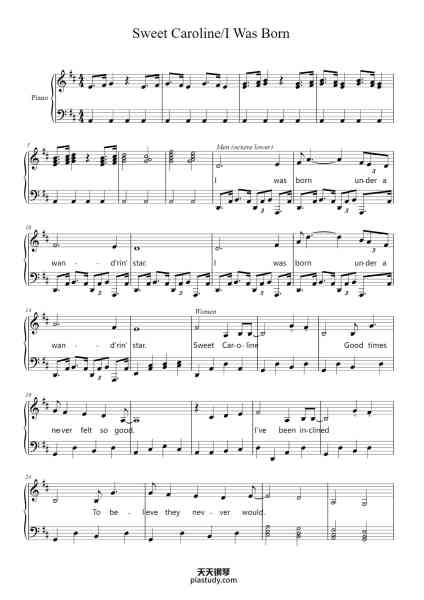 “Sweet Caroline/I Was Born”钢琴谱-Neil Diamond-免费下载-天天钢琴