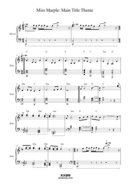 “Miss Marple: Main Title Theme”钢琴谱-Arranged for Piano Arr: Bastian Gautam Wolter Larsen-免费下载-天天钢琴