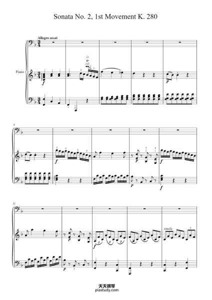 “Piano Sonata No. 2 in F Major, K. 280: I. Allegro assai”钢琴谱-W.A. Mozart.-免费下载-天天钢琴