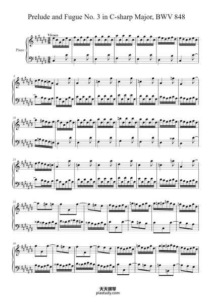 “The Well-Tempered Clavier, Book I: Prelude and Fugue No. 3 in C-sharp Major, BWV 848”钢琴谱-Johann Sebastian Bach (1685 - 1750)-免费下载-天天钢琴