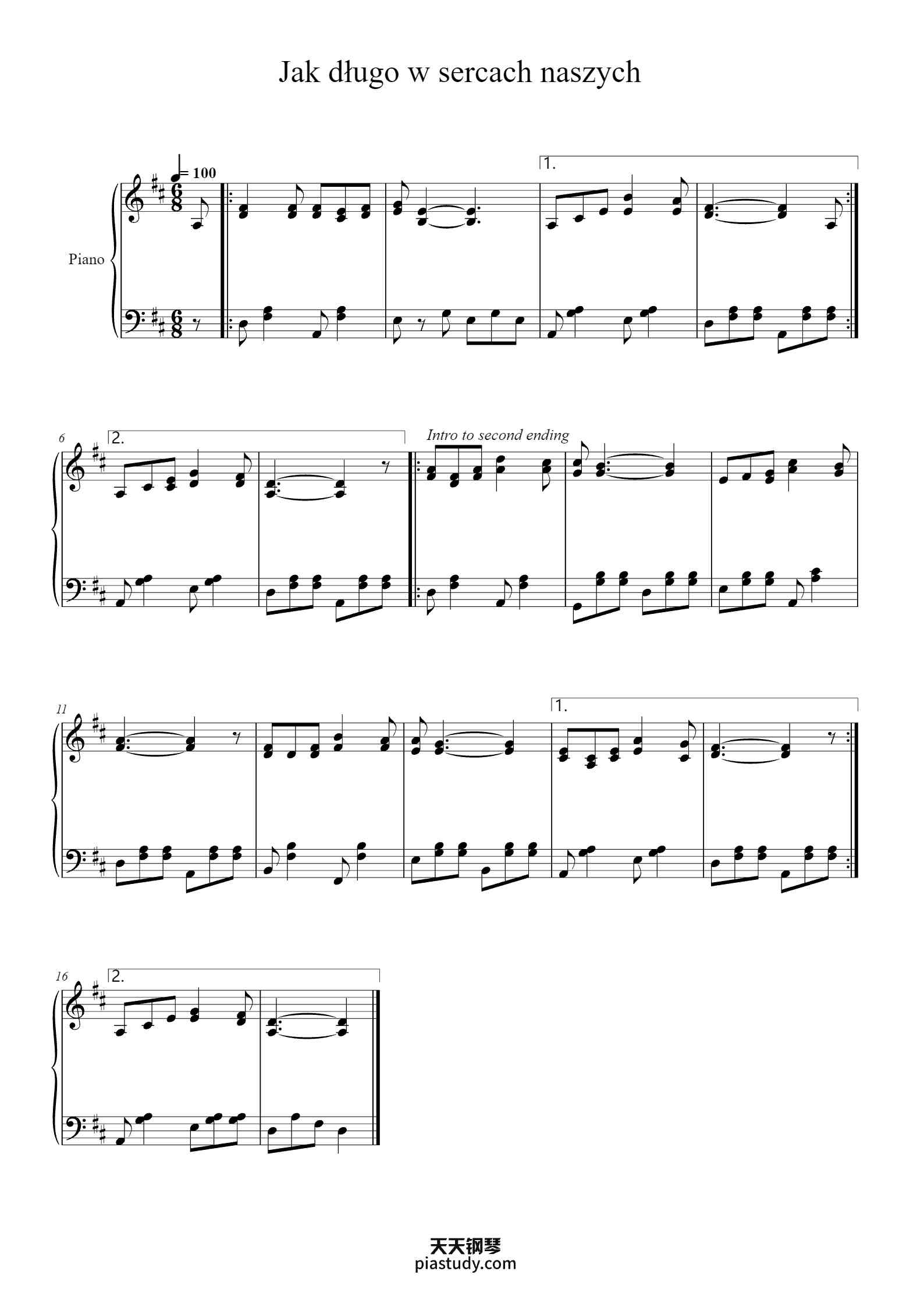 'Jak długo w sercach naszych' - Piano Sheet Music By Muz. nieznany