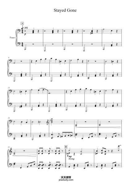 “Stayed Gone”钢琴谱-Arranged by:-免费下载-天天钢琴