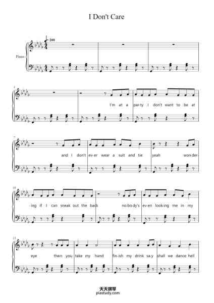 “I Don't Care”钢琴谱-Arranged by Cameron McMahon-免费下载-天天钢琴