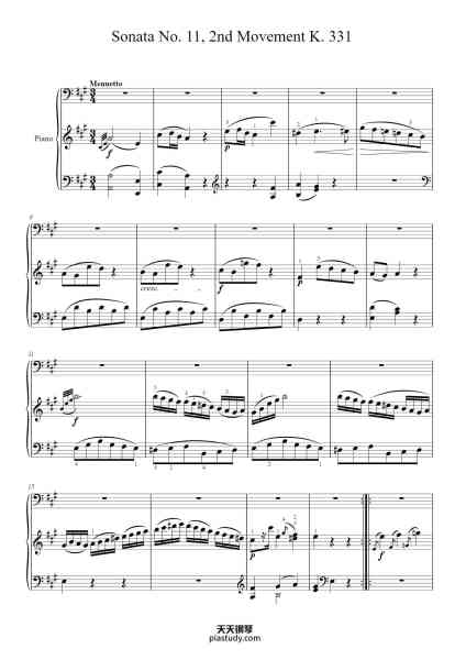“Piano Sonata No. 11 in A Major, K. 331: II. Menuetto”钢琴谱-W.A. Mozart.-免费下载-天天钢琴