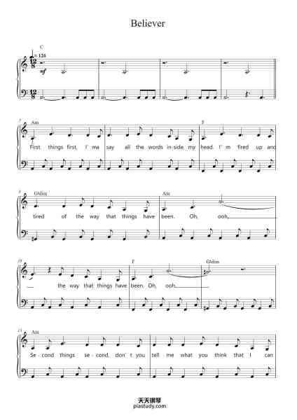 “Believer”钢琴谱-Words & Music by Benjamin McKee, Daniel Sermon, 
Daniel Reynolds, Mattias Larsson, Robin Fredriksson, 
Justin Tranter & Daniel Platzman-免费下载-天天钢琴