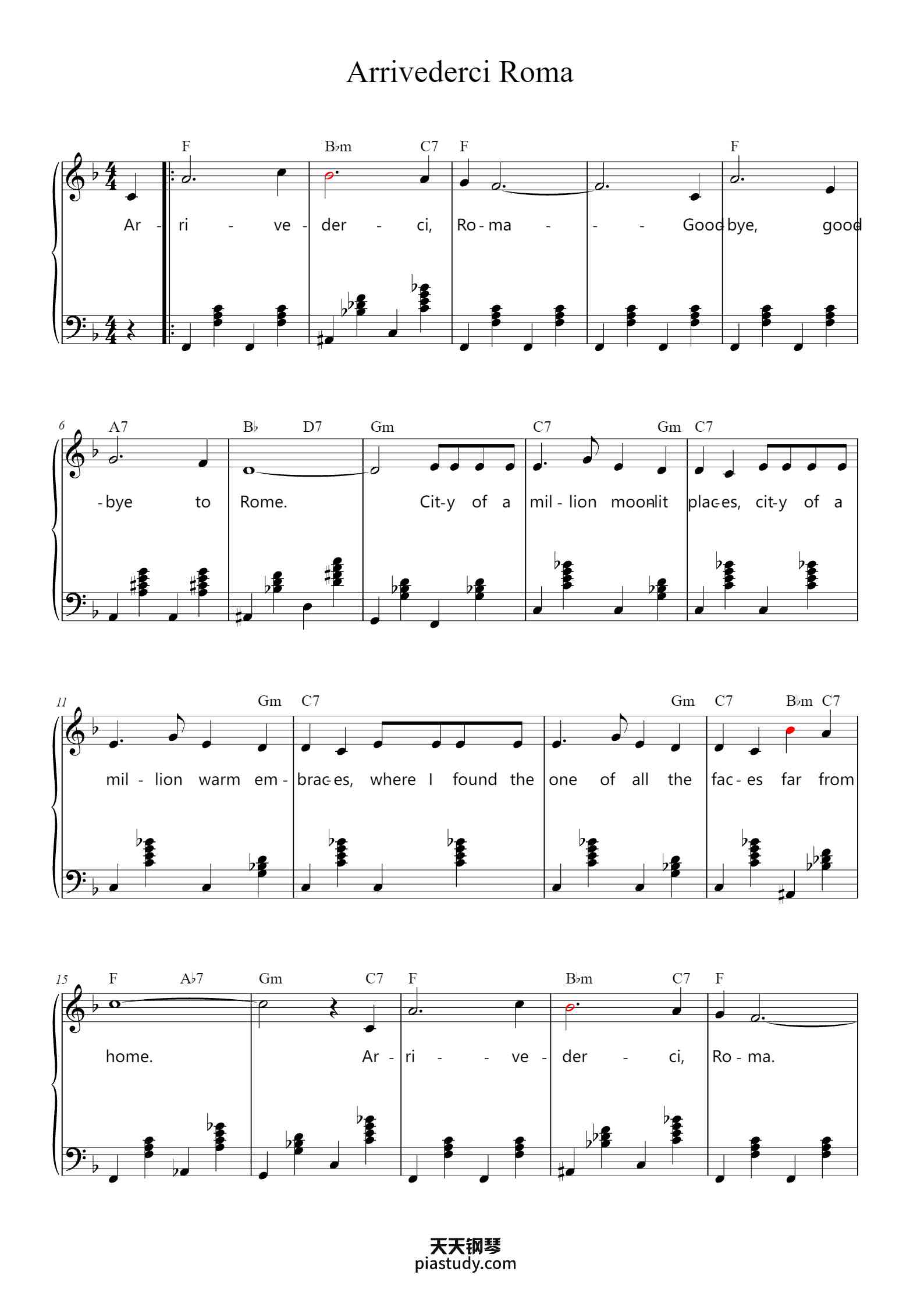 'Arrivederci Roma' - Piano Sheet Music By Music by R. Rascel | TOPiano