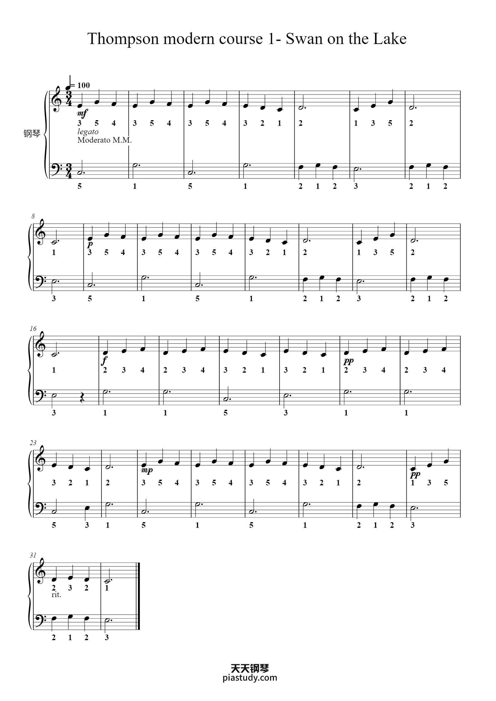 'Thompson modern course 1- Swan on the Lake' - Piano Sheet Music By ...