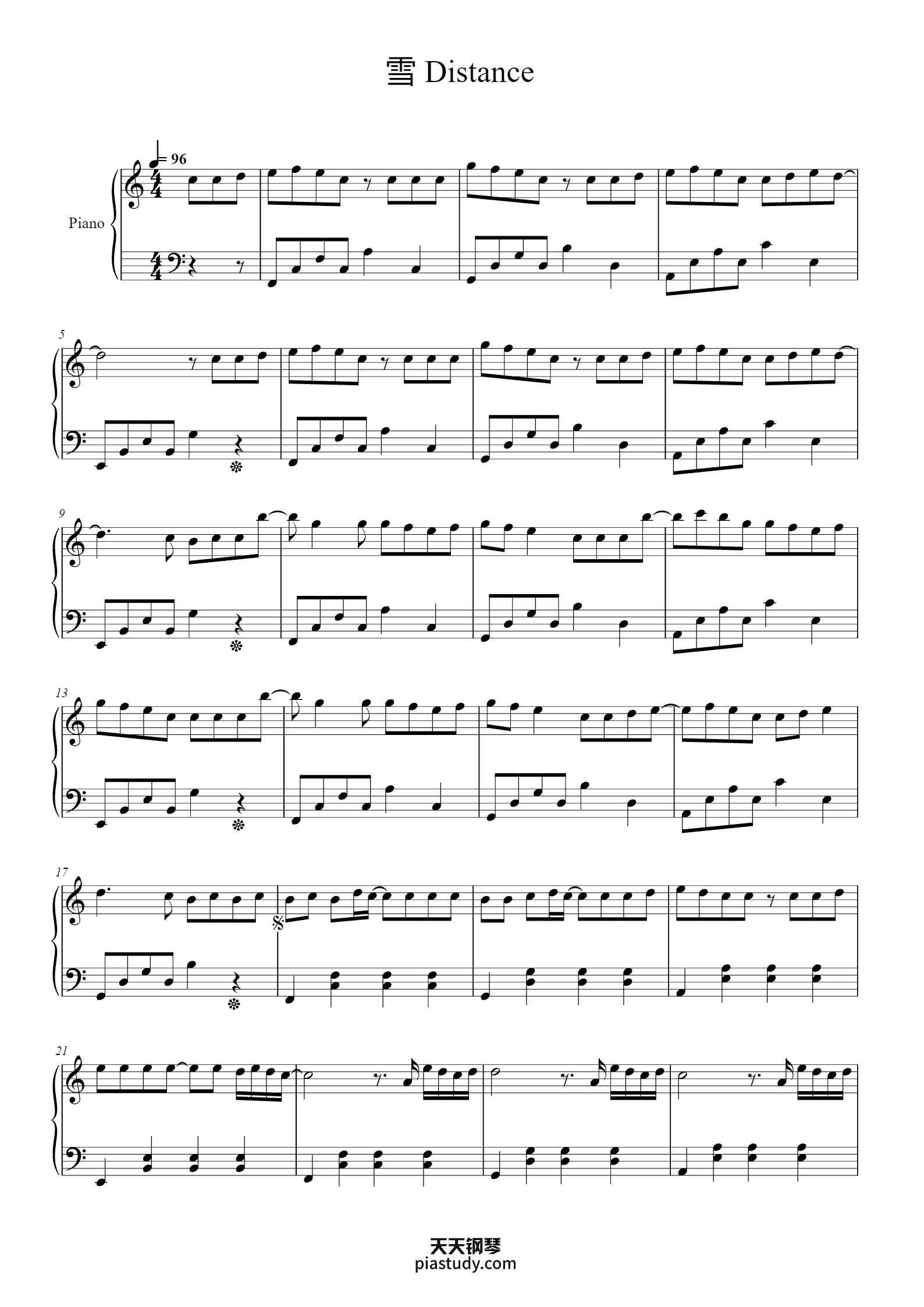 雪 Distance（C调简单版）钢琴谱 - Capper - free piano sheet music - PiaNoproblem