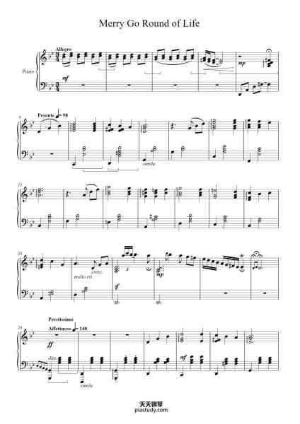 “Merry Go Round of Life (Howl's Moving Castle)”钢琴谱-Joe Hasaishi arr. Andrew Deng-免费下载-天天钢琴