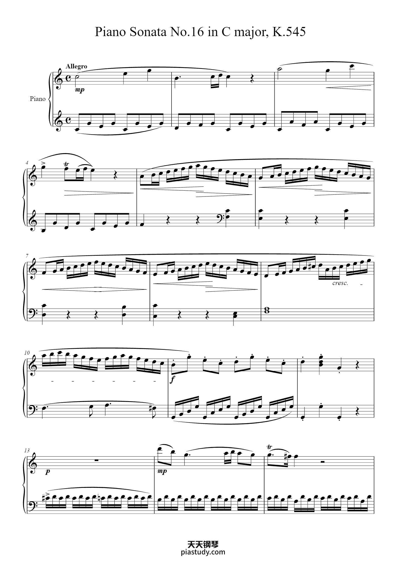 Piano Sonata No. 16 in C Major, K. 545钢琴谱 - Wolfgang Amadeus Mozart ...