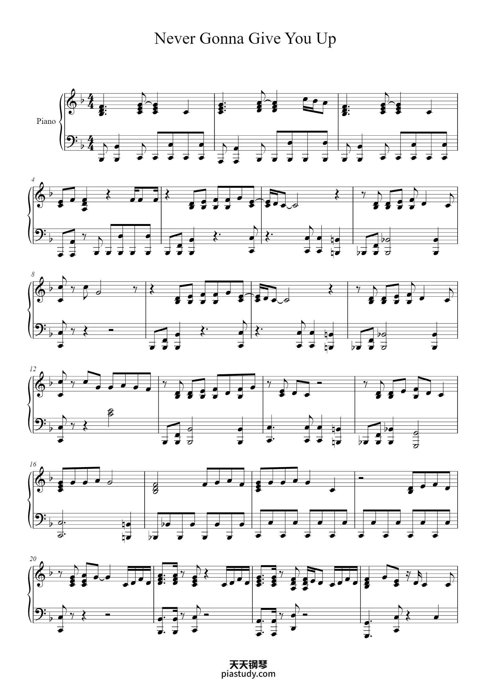 Never Gonna Give You Up钢琴谱 - Rick Astley - free piano sheet music ...