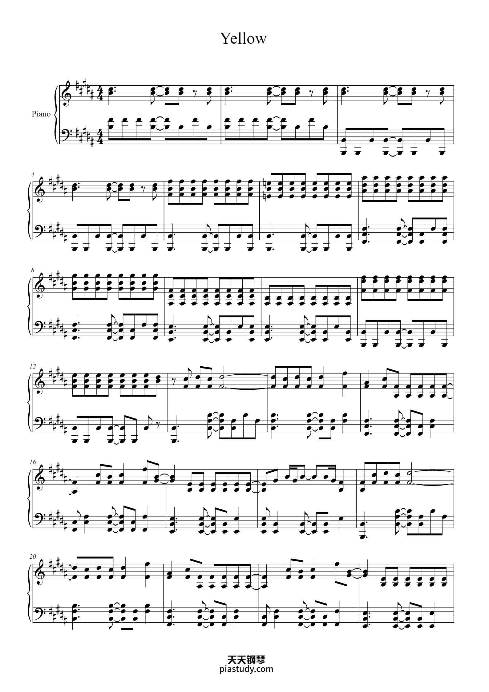 Yellow(Coldplay)原调钢琴谱 - Coldplay - free piano sheet music - PiaNoproblem