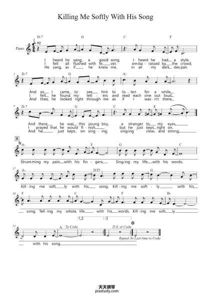 “Killing Me Softly With His Song”钢琴谱-Charles Fox -免费下载-天天钢琴