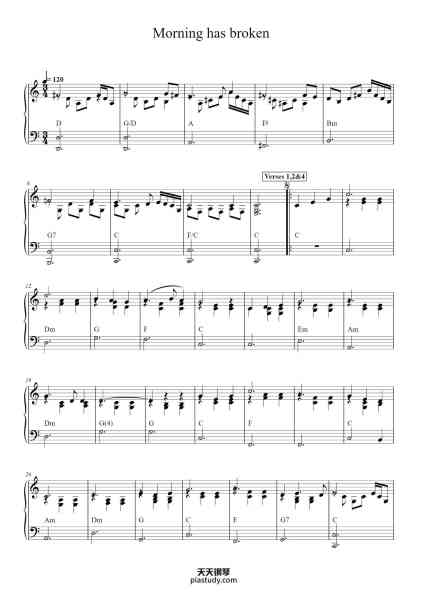 “Morning has broken”钢琴谱-w: Eleanor Farjeon, m: Cat Stevens-免费下载-天天钢琴