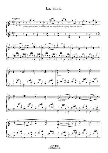 “Lacrimosa from Requiem Mass in D Minor, K. 626”钢琴谱-Mozart-免费下载-天天钢琴