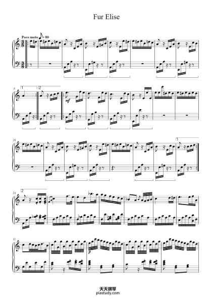 “Bagatelle No. 25 in A Minor, WoO 59 "Für Elise"”钢琴谱-Beethoven-免费下载-天天钢琴