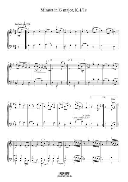 “Minuet in G Major, K.1/1e”钢琴谱-Wolfgang Amadeus Mozart
KV le/lf-免费下载-天天钢琴