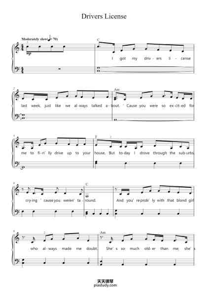 “Drivers License”钢琴谱-Words and Music by OLIVIA RODRIGO
and DANIEL NIGRO-免费下载-天天钢琴