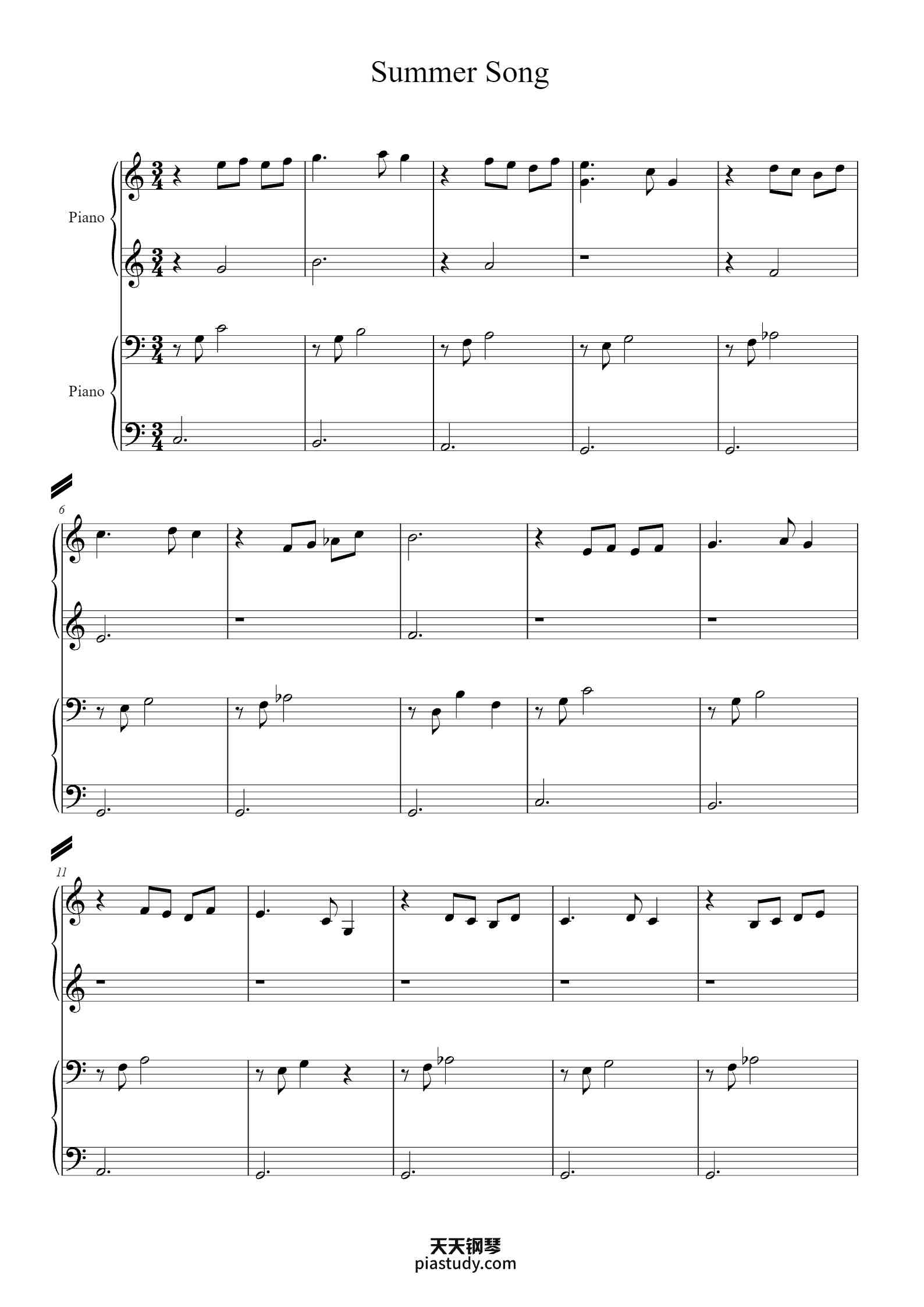 Summer Song (四手联弹)夏日之歌钢琴谱 - 提姆布朗 - free piano sheet music - PiaNoproblem