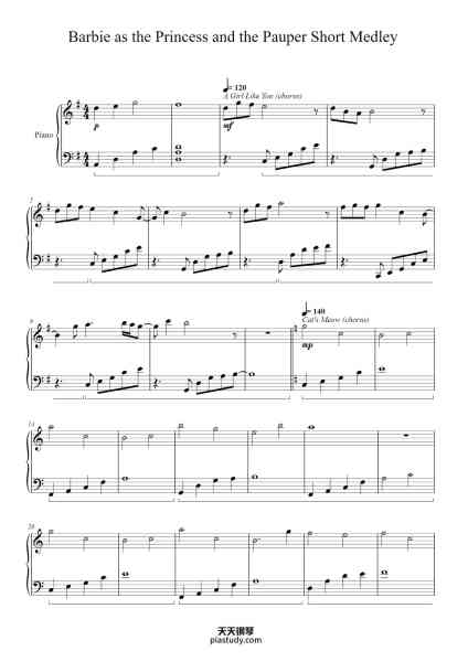 “Barbie as the Princess and the Pauper Short Medley”钢琴谱-Arnie Roth-免费下载-天天钢琴