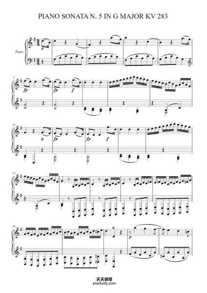 “Piano Sonata No. 5 in G Major, K. 283 (189h)”钢琴谱-W. A. Mozart -免费下载-天天钢琴