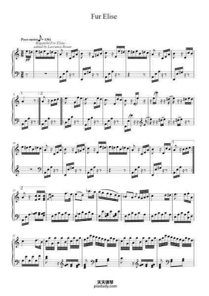 “Bagatelle No. 25 in A Minor, WoO 59 "Für Elise"”钢琴谱-Ludwig van Beethoven-免费下载-天天钢琴