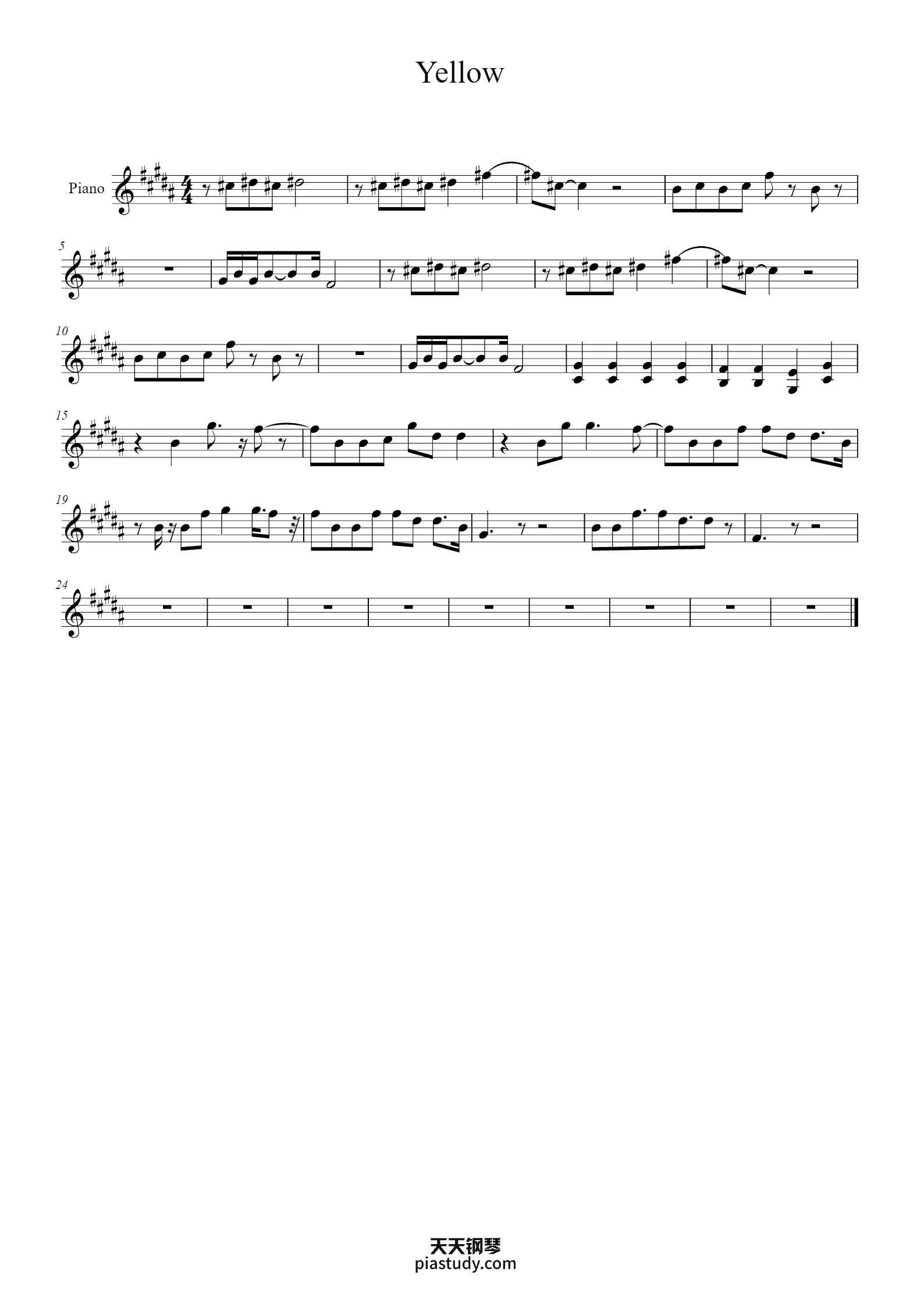 Yellow钢琴谱 - Joe Agger - free piano sheet music - PiaNoproblem