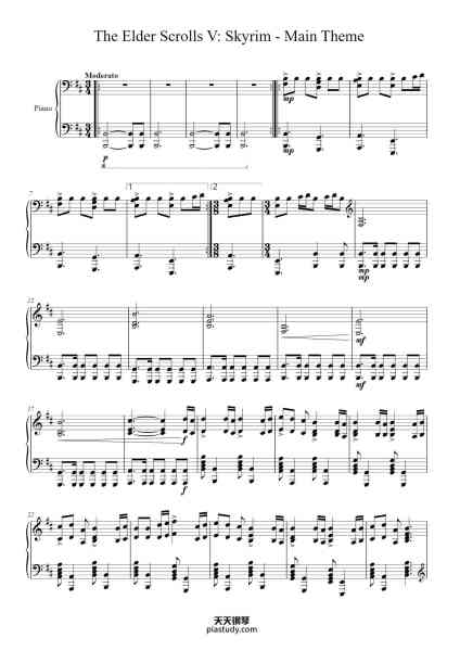 “The Elder Scrolls V: Skyrim - Main Theme”钢琴谱-Jeremy Soule-免费下载-天天钢琴