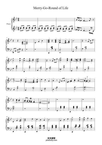 “Merry-Go-Round of Life”钢琴谱-久石让 (ひさいし じょう)-免费下载-天天钢琴