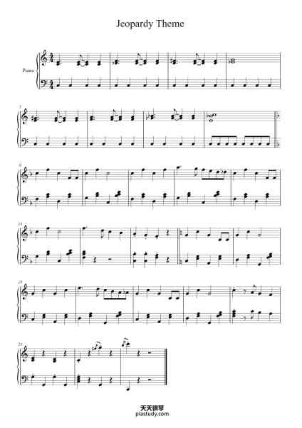 “Jeopardy Theme”钢琴谱-Merv Griffin arr. by Dan Coates-免费下载-天天钢琴