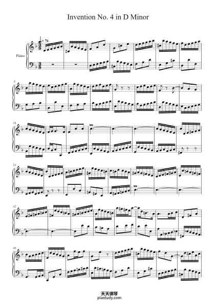 “Invention No. 4 in D Minor, BWV 775”钢琴谱-J. S. Bach-免费下载-天天钢琴
