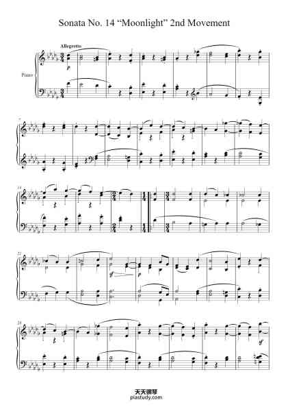 “Sonata No. 14 in C# Minor, Op. 27, No. 2 "Moonlight": II. Allegretto”钢琴谱-Ludwig van Beethoven
(1770 - 1827)-免费下载-天天钢琴