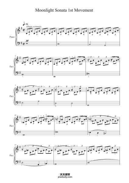 “Piano Sonata No. 14 in C-sharp Minor, Op. 27, No. 2 "Moonlight": I. Adagio sostenuto”钢琴谱-Ludwig Van Beethoven-免费下载-天天钢琴