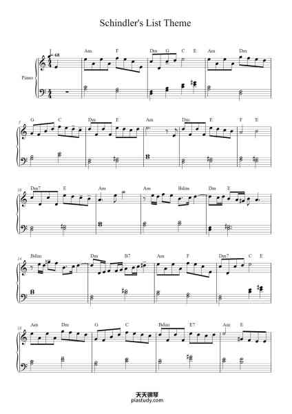 “Schindler's List Theme”钢琴谱-John Williams-免费下载-天天钢琴